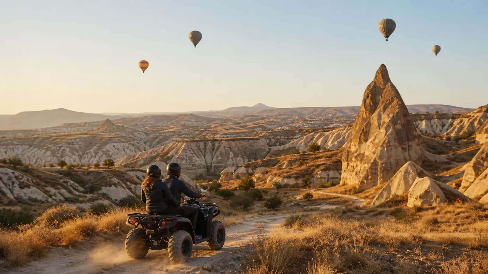 Kapadokya vadisinde iki yetişkinin iki kişilik ATV ile safari yaptığı gün batımı manzarası
